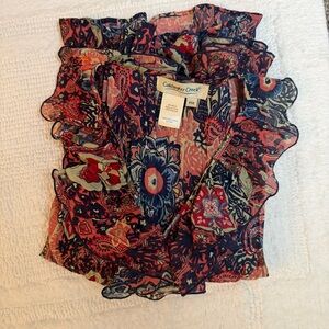 Coldwater Creek Navy and Pink Paisley Print Ruffle Front Top size Petite M